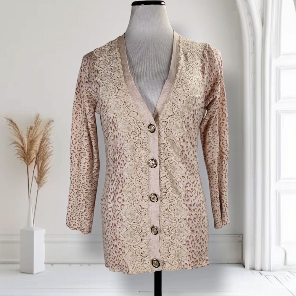 Charlotte Tarantola Cardigan Sweater Size L Beige Animal Print Lace Trim Cotton
